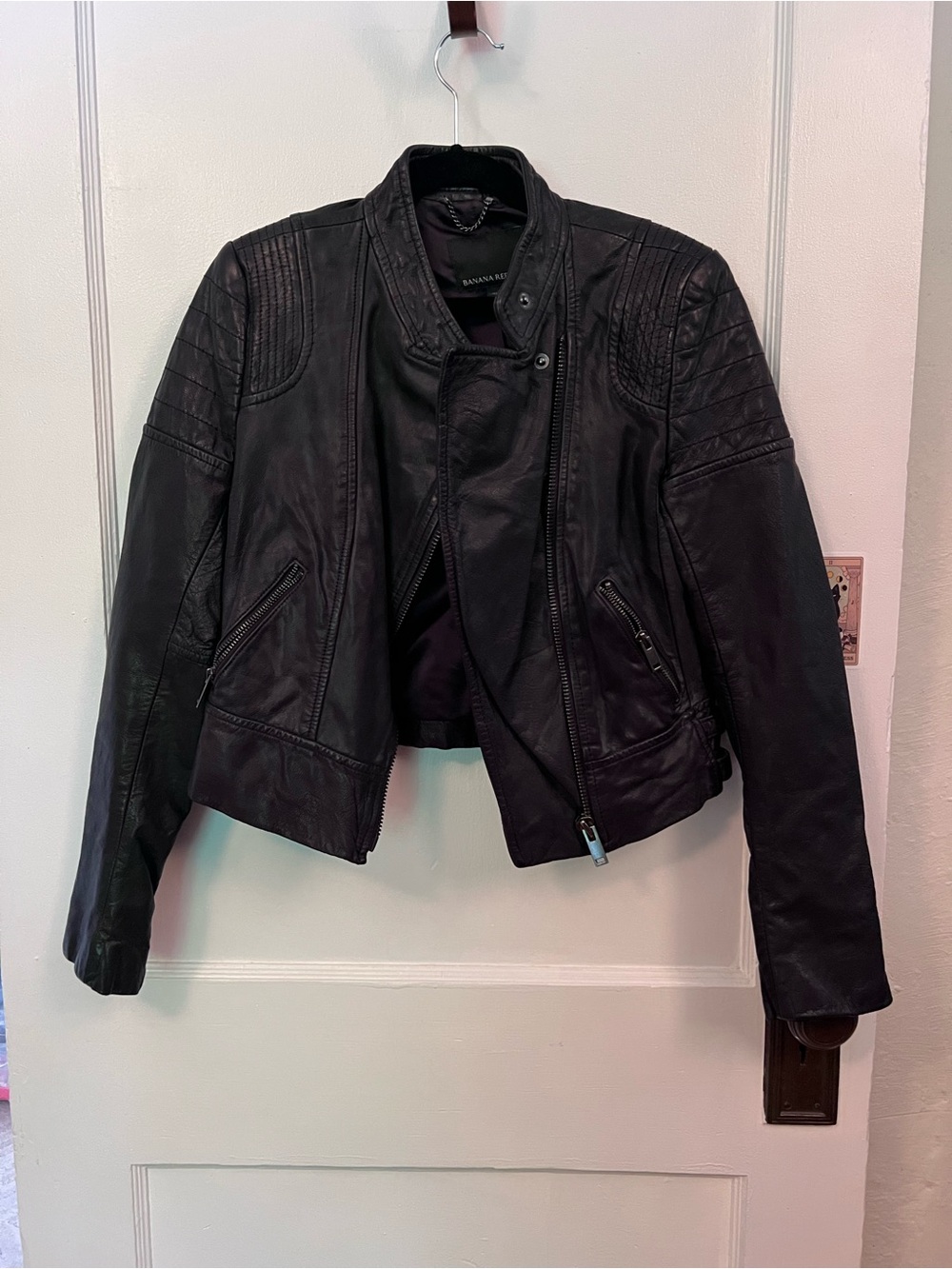 Banana Republic Black Quilted Leather Moto Jacket- real leather